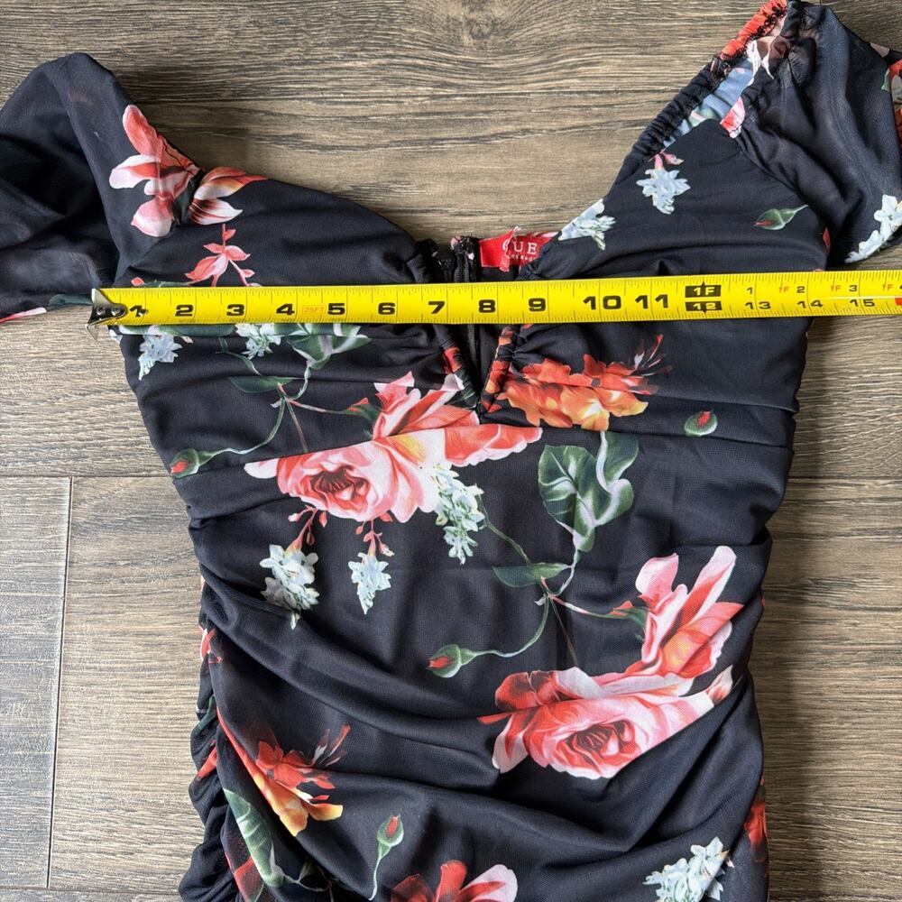 NWT Y2K Guess Los Angeles XS Ruched Floral Mesh Bodycon Mini Dress Sheer Party - Picture 6 of 13